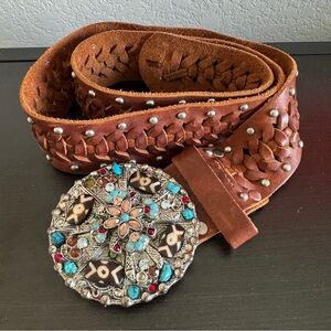 Leatherock Vintage Handwoven Brown Leather Belt with Concho Turquoise Buckle